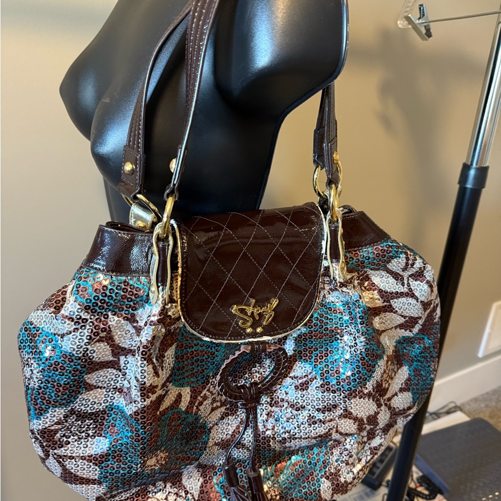 Sharif Sequin Leather Shoulder Bag Brown Teal Tassel Hobo - Picture 4 of 6